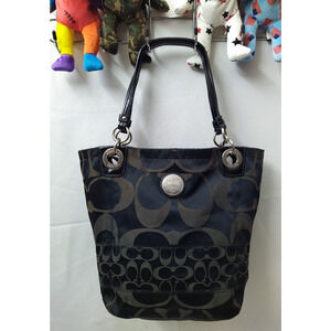 Coach Alex Signature Black Canvas Double Handes Zipper Bucket Tote Shoulder Bag